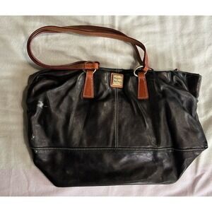 Dooney & Bourke Leather Double Handle Bag Purse Black/Brown Logo Tassel Lined